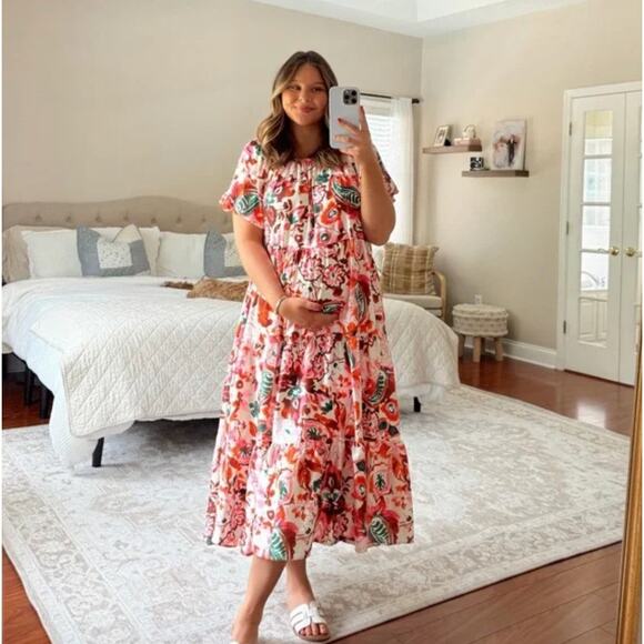 IVY CITY CO Harvey Tent Maxi Dress Pink Cream Red Floral Sz M NWT {DD21} - Picture 1 of 9